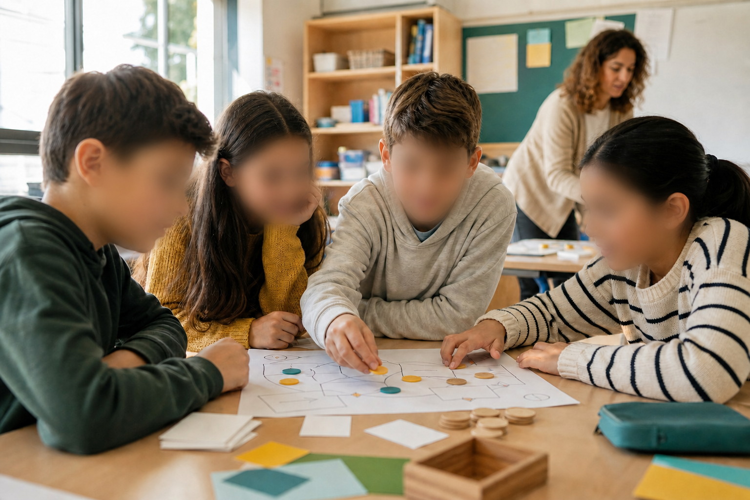 Imagen editorial de alumnado de Primaria colaborando en una actividad de educaci&oacute;n financiera.